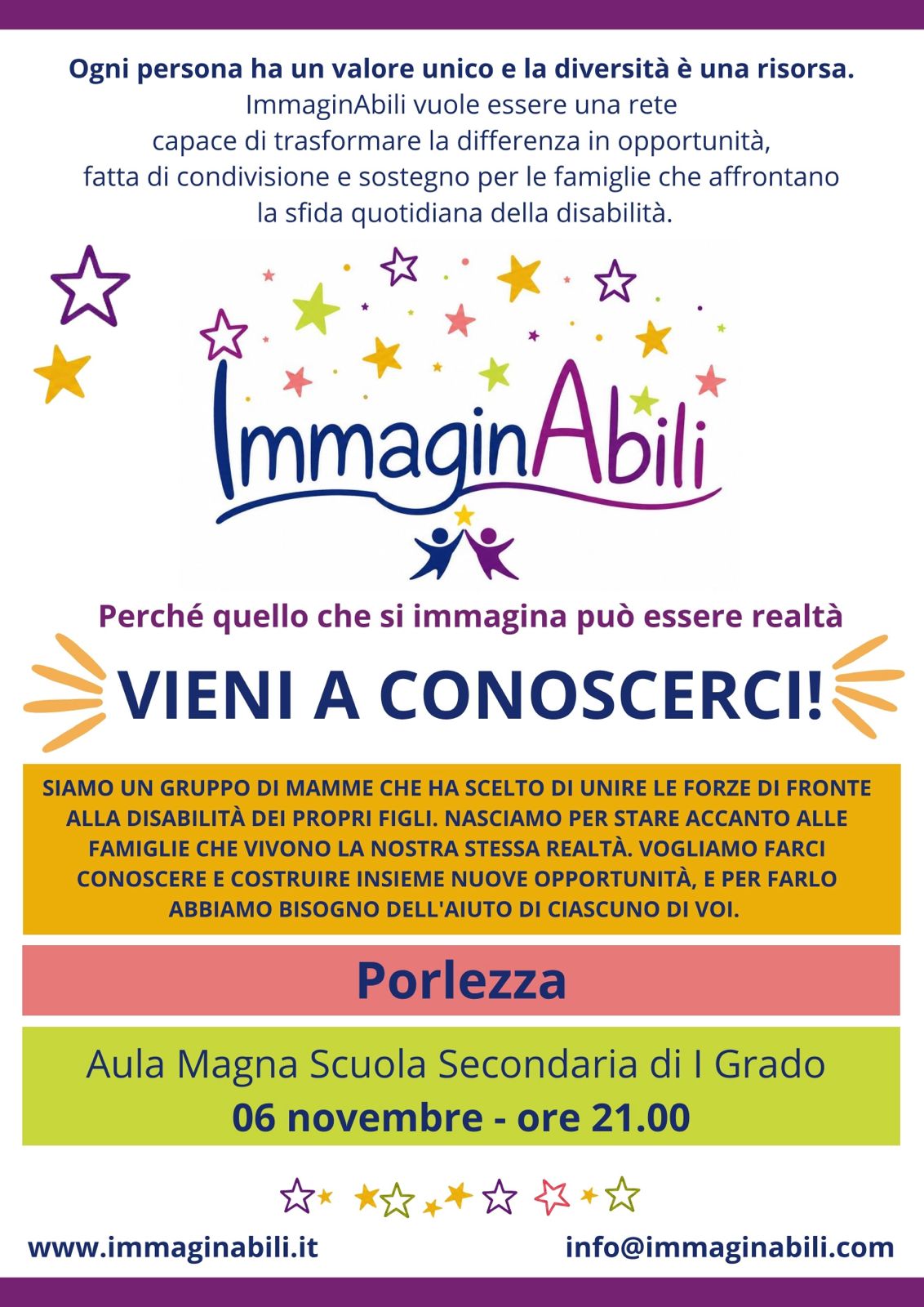 ImmaginAbili nasce dall’incontro di un gruppo di mamme che ha scelto di unire le forze per sostenere le famiglie che vivono la realtà della disabilità. Una serata per conoscere il progetto e contribuire a una comunità più inclusiva.